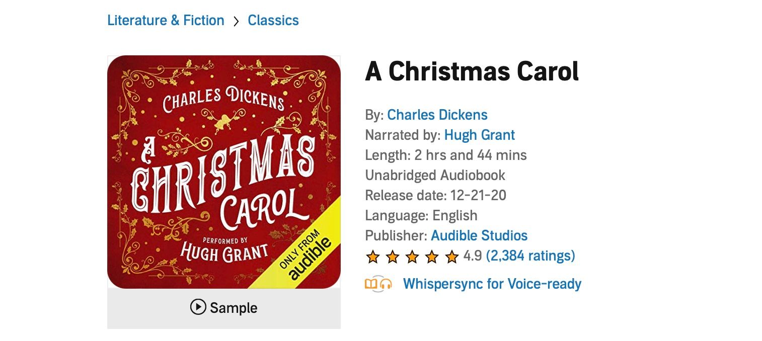 Screenshot showing A Christmas Carol Audiobook from Audible