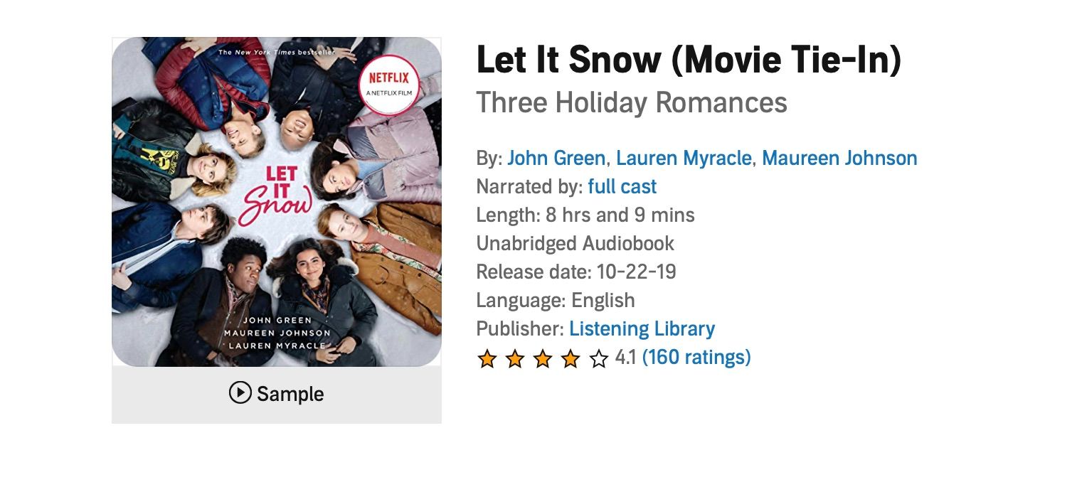 https://www.audible.com/pd/Let-It-Snow-Movie-Tie-In-Audiobook/059316758900003 Screenshot showing Let It Snow Audiobook from Audible