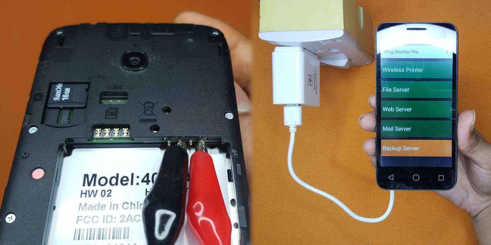 A phone running directly from a USB power supply with battery shown removed