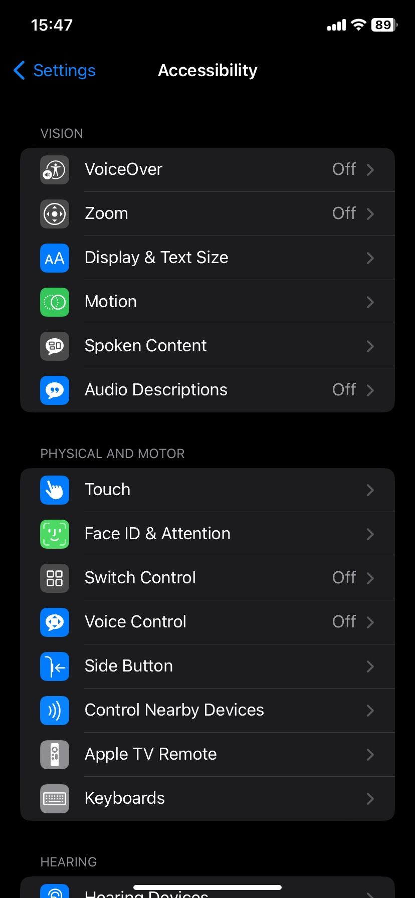iPhone accessibility settings page