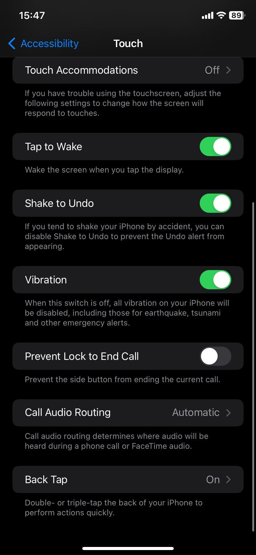 Touch settings options in iOS 16