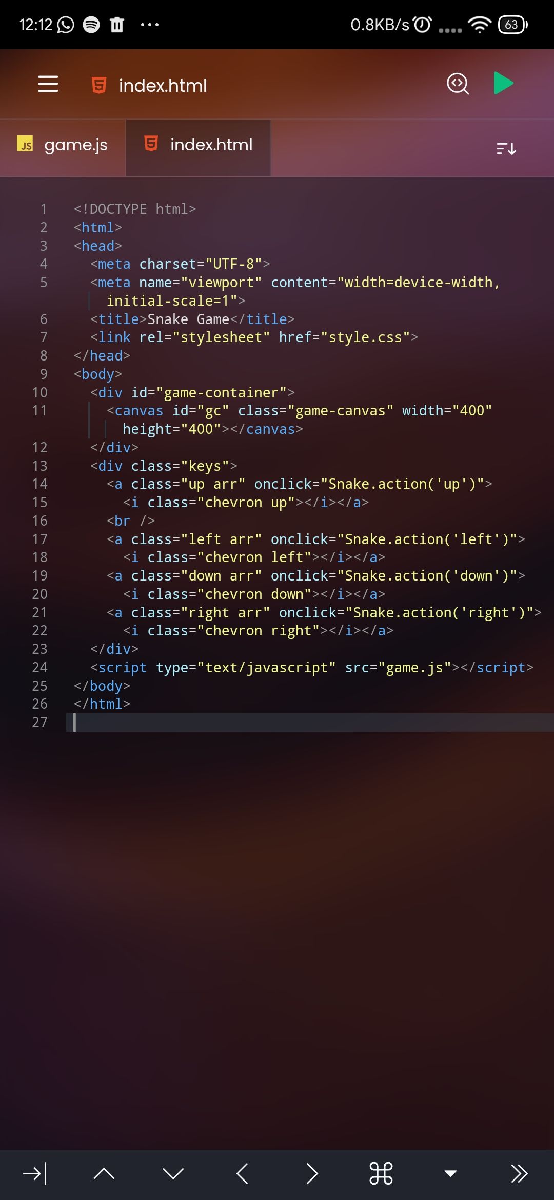 A HTML file in Spck code editor