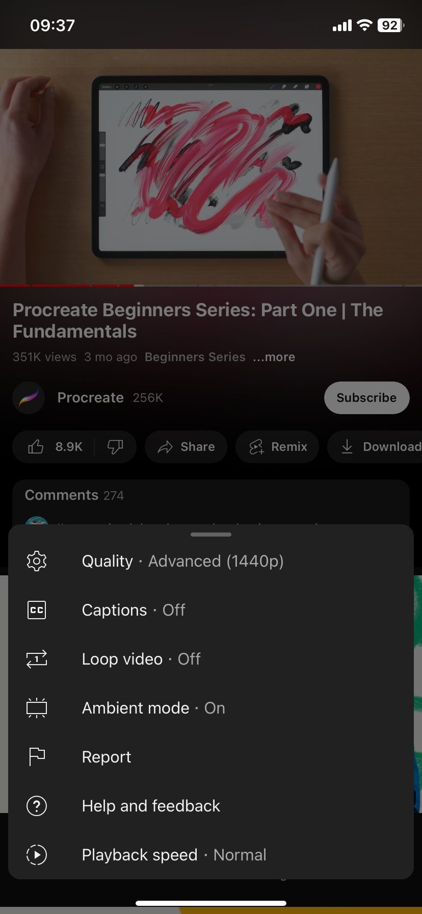 A screenshot of YouTube's video settings pop-up menu 