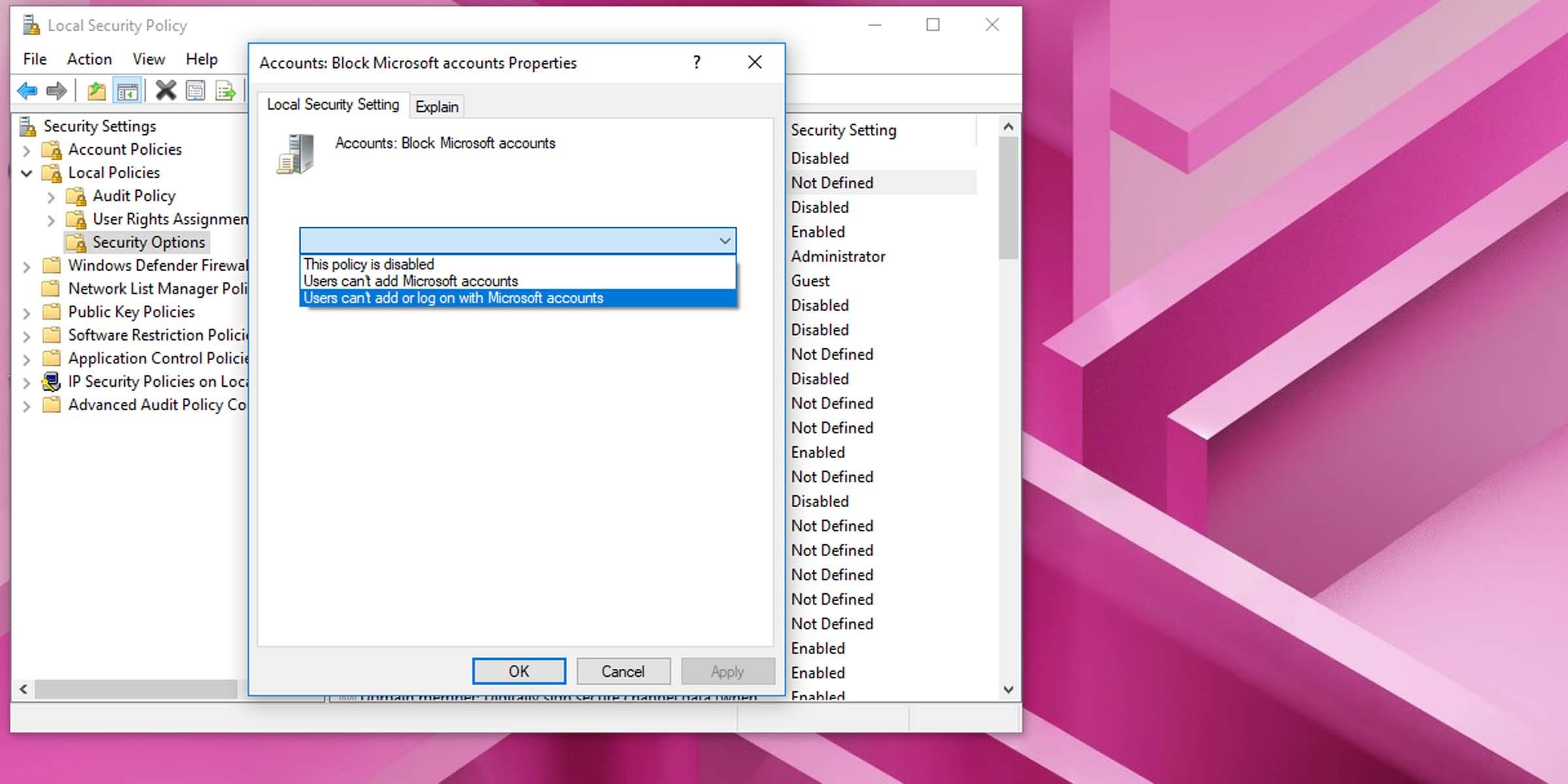 Disable Microsoft account login