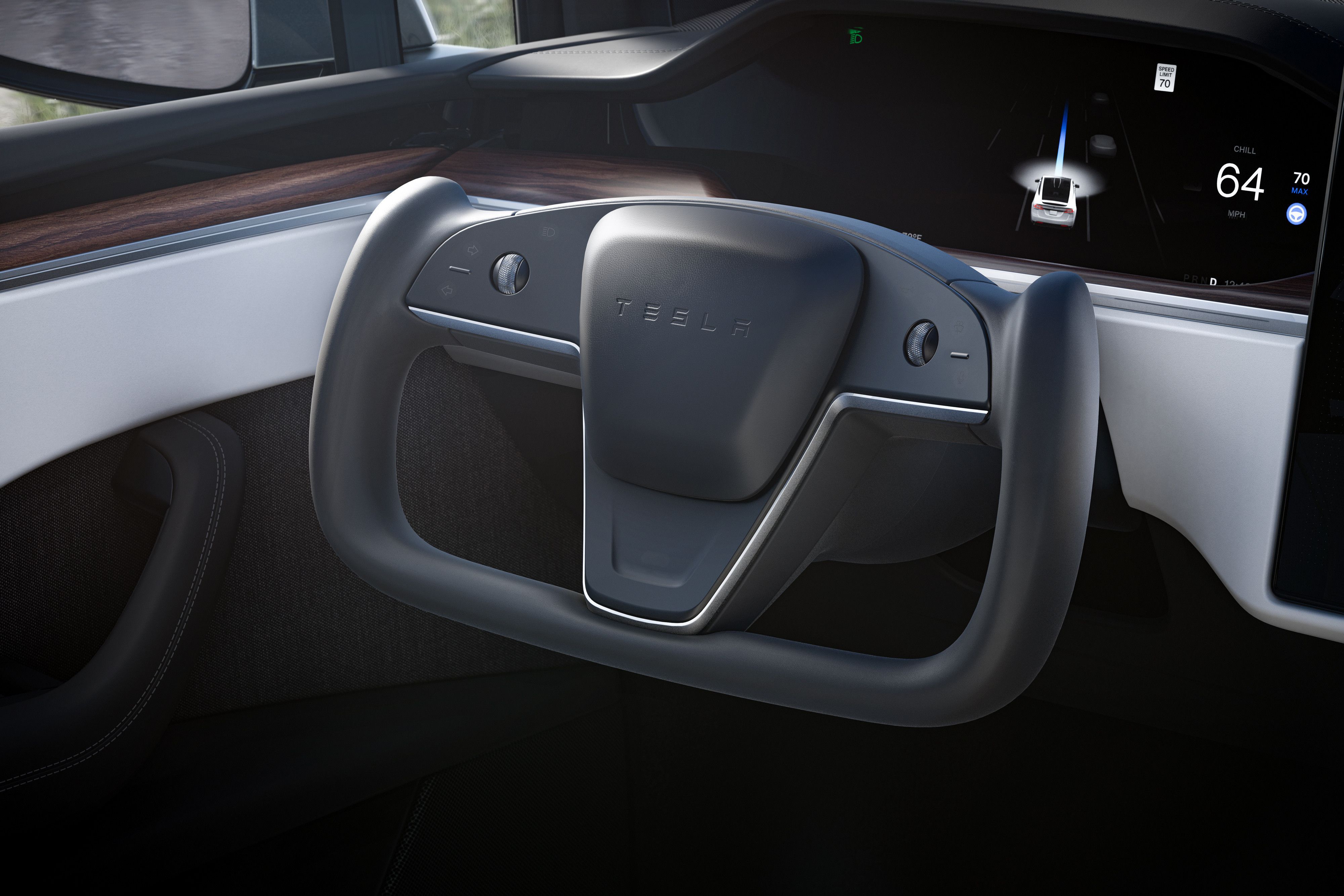 A Tesla Model X steering wheel made from vegan leather