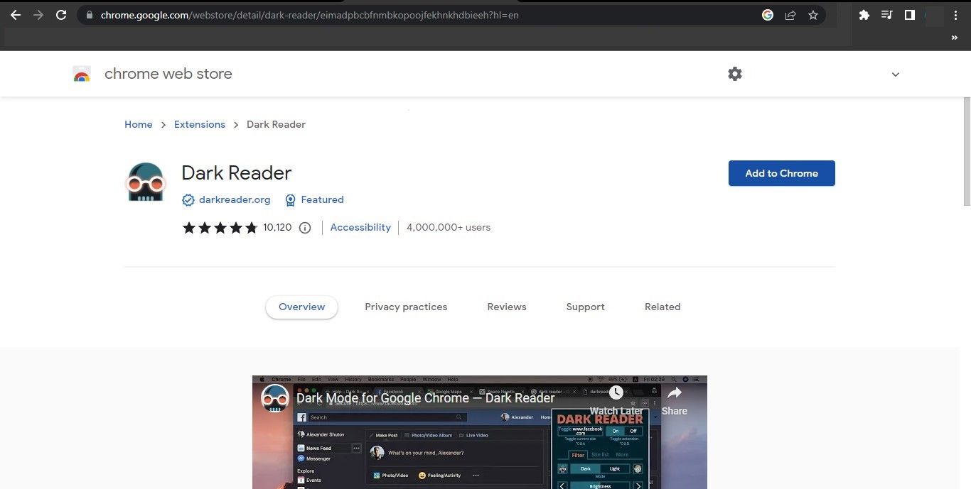 Clicking on the Add to Chrome Button Next to Dark Reader Extension on Chrome Web Store