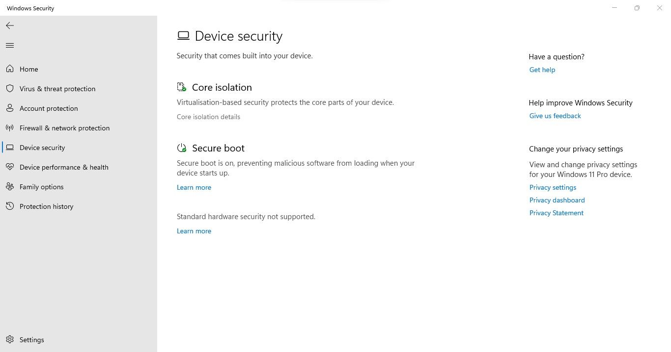 Clicking on the Core Isolation Details Option in the Device Security Tab of Windows Security App