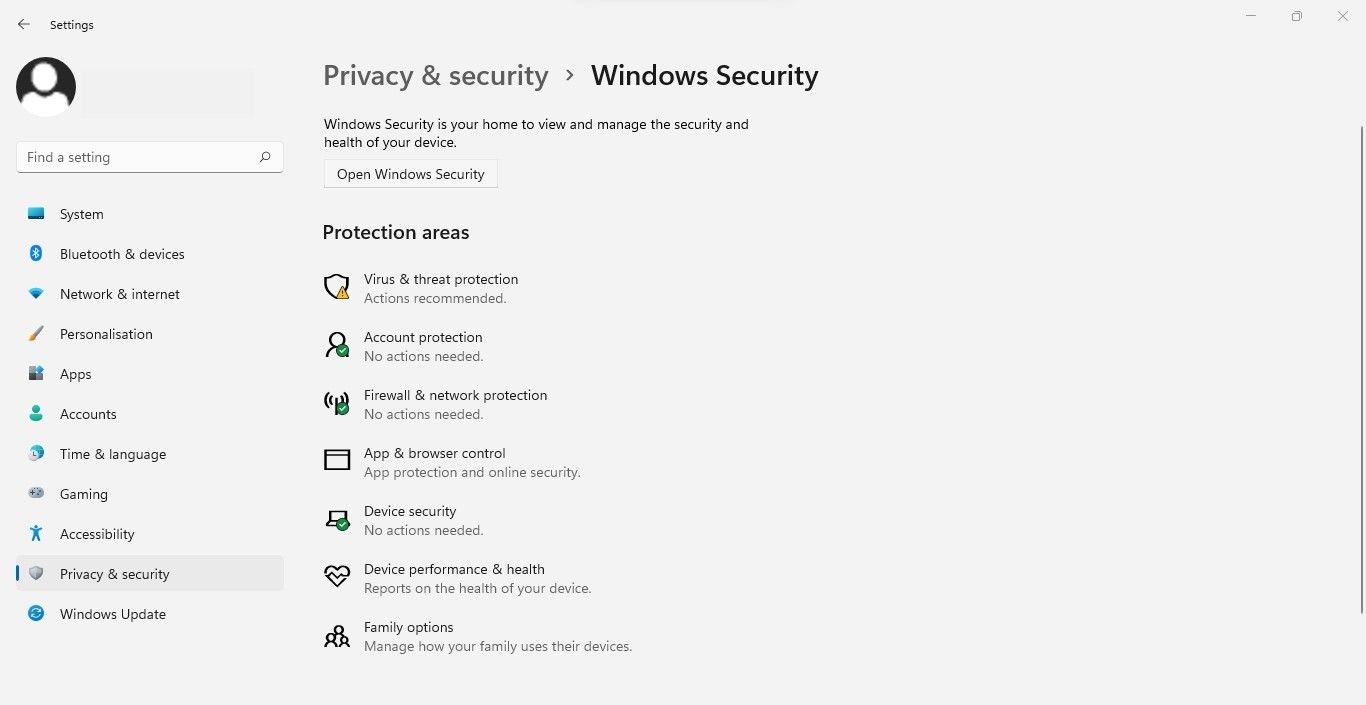 Clicking on the Open Windows Security Button in the Windows Security Tab of the Windows Settings App