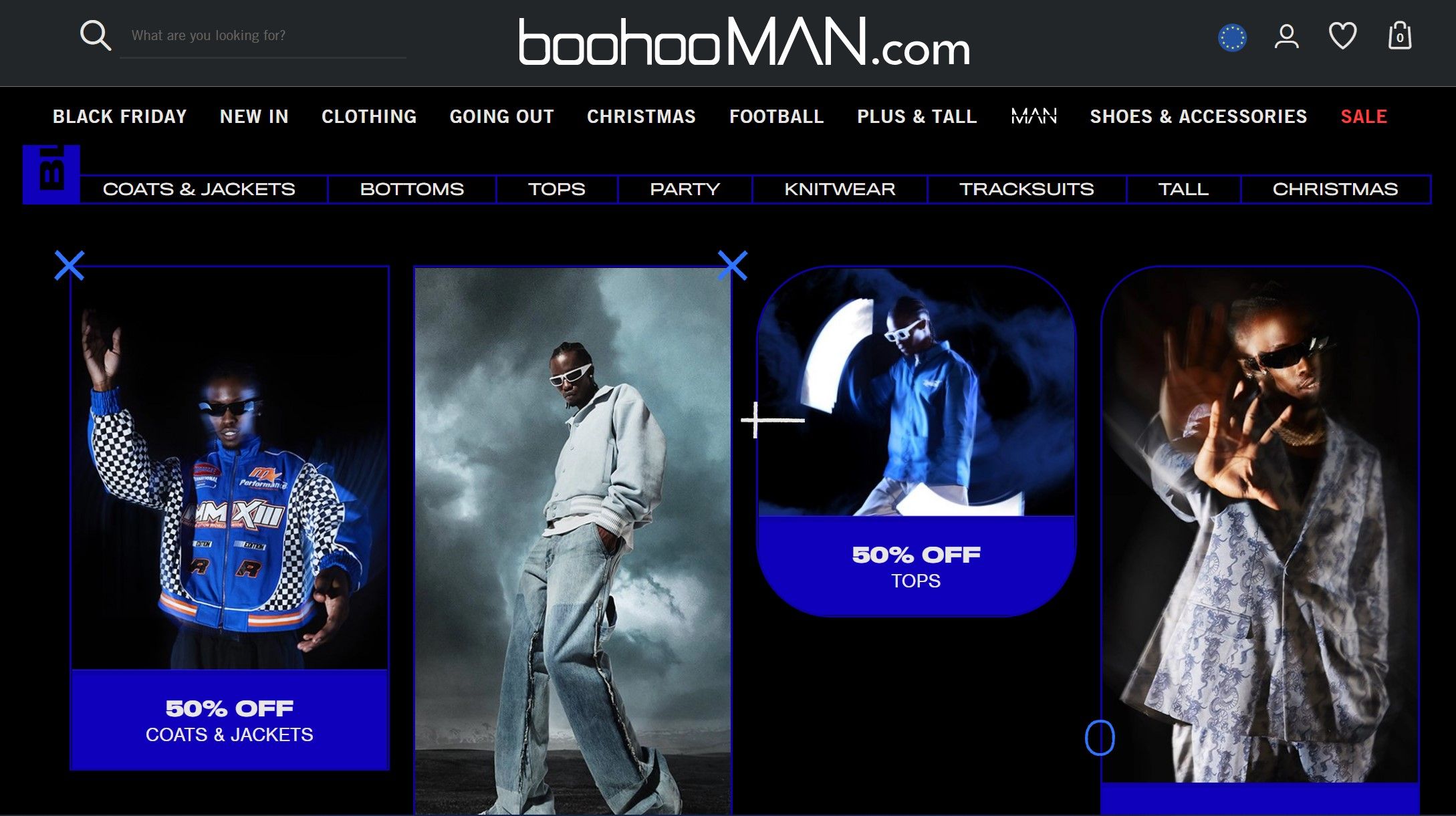 Boohooman website home page showing different listings