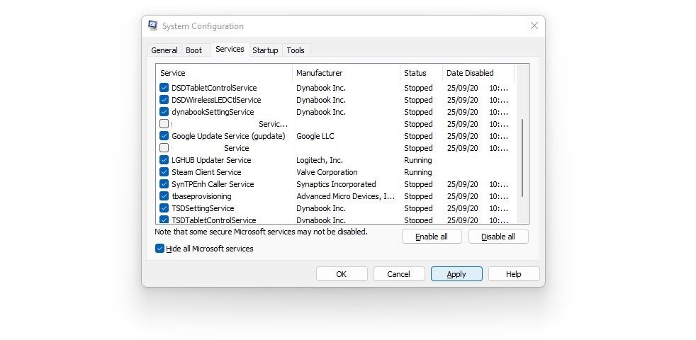 Hapus centang Kotak untuk Layanan Mencurigakan setelah Mencentang Kotak untuk Sembunyikan Semua Layanan Microsoft di Tab Layanan Aplikasi Konfigurasi Sistem