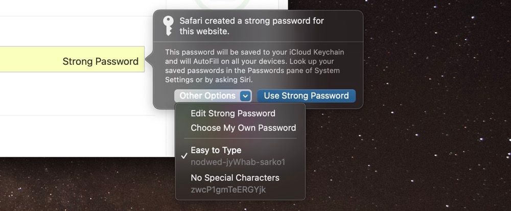 Options supplémentaires pour créer des mots de passe dans Safari pour macOS Ventura.