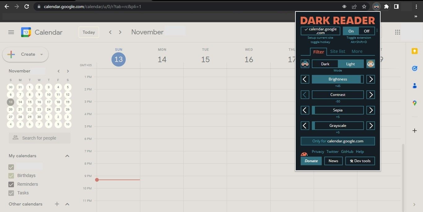 Clicking on the Only for Calendar Option From the Dropdown Menu After Clicking on the Dark Reader Extension in Chrome