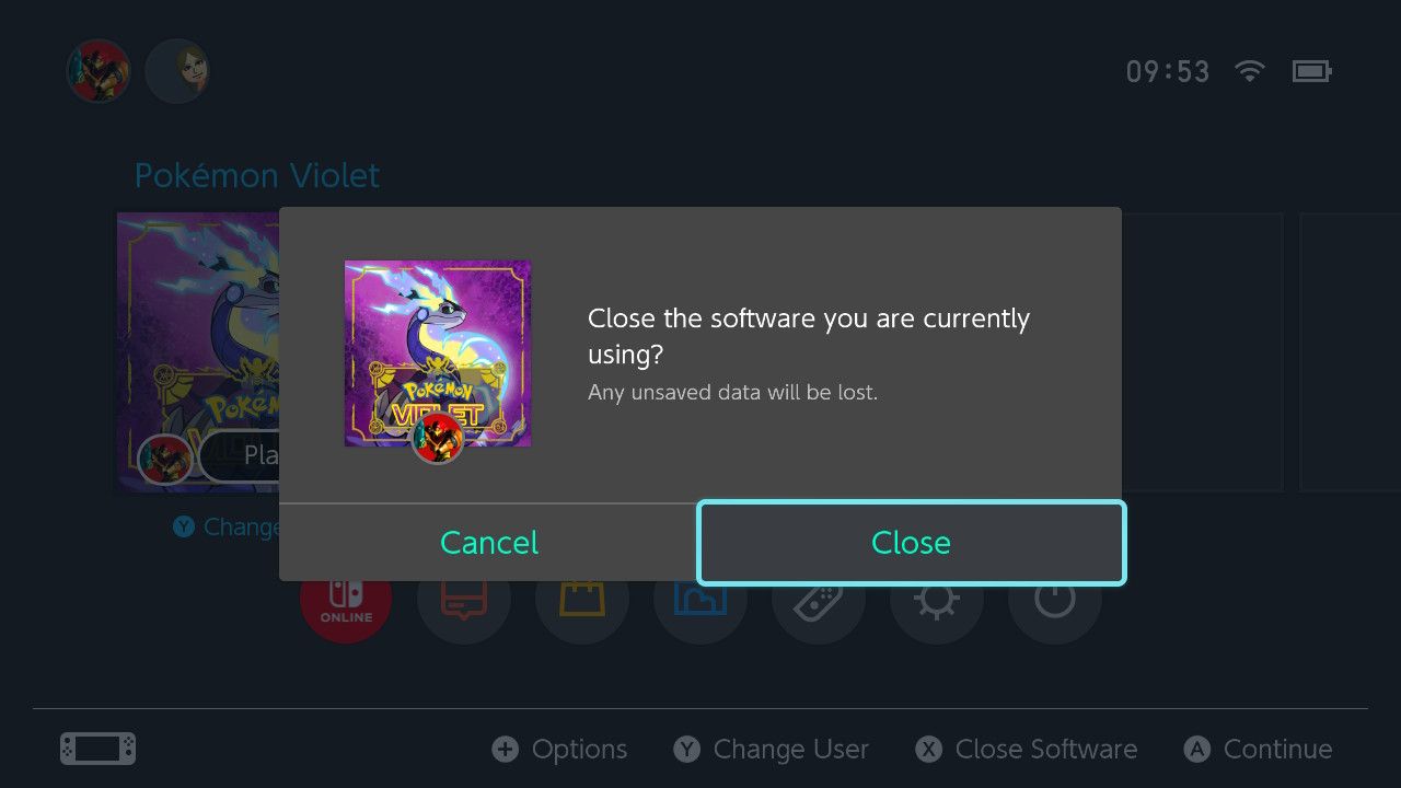 A screenshot of the close software prompt for Nintendo Switch with Pokemon Violet highlighted 