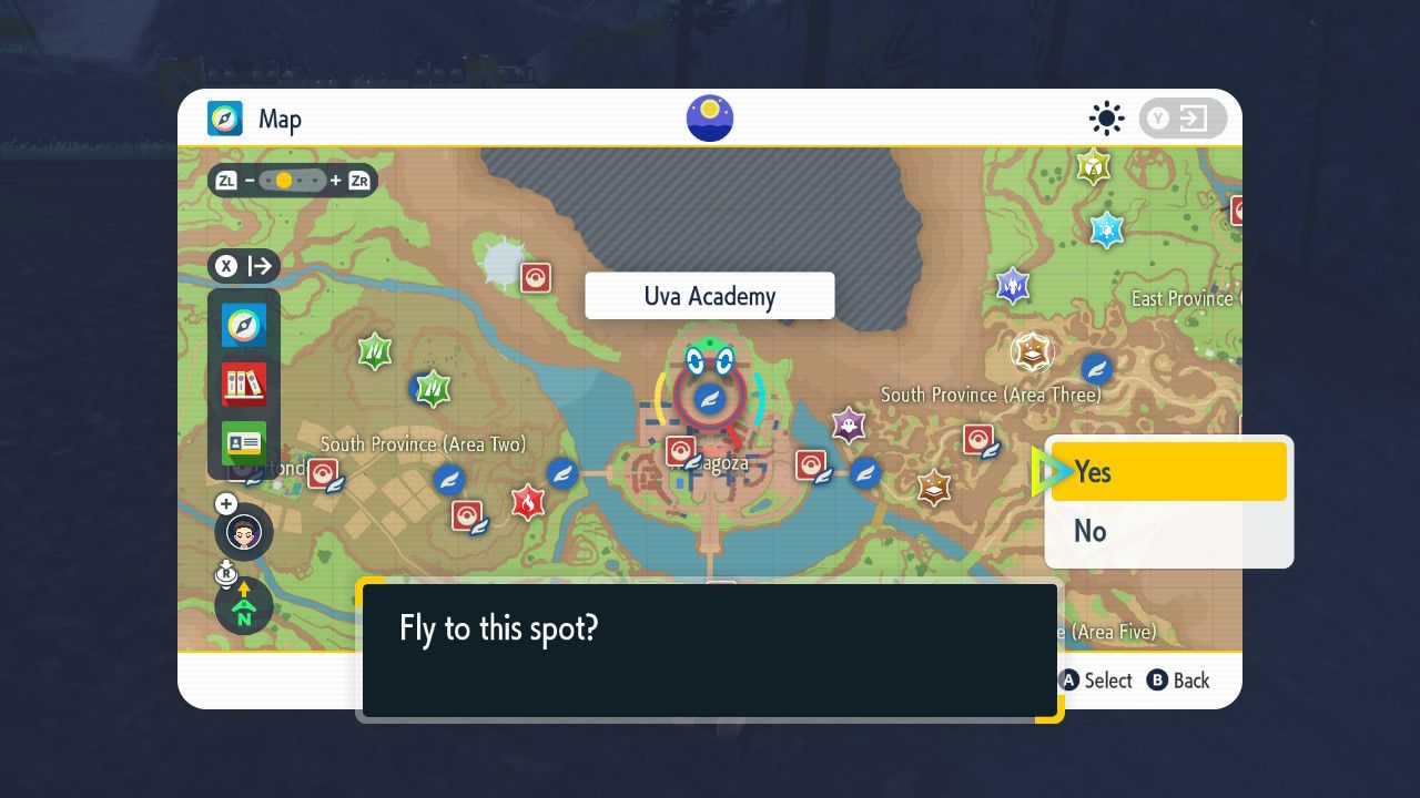 A screenshot of Pokemon Violet with the fast travel prompt displayed and Yes highlighted 