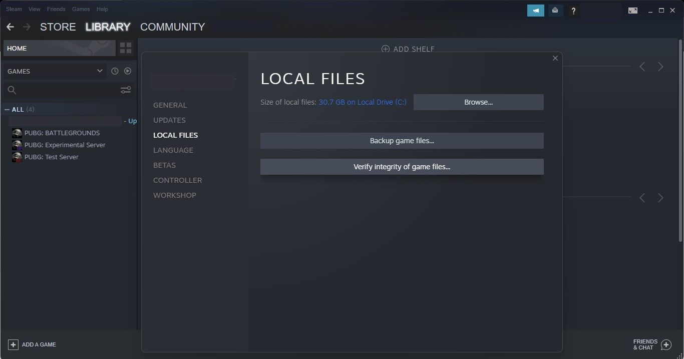 Mengklik Verifikasi Integritas File Game di bawah Jendela File Properti Lokal dari Game di Steam