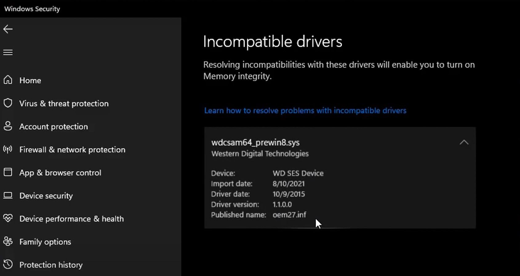 Noting Down the List of Incompatible Drivers in the Core Isolation Settings Within Windows Security App