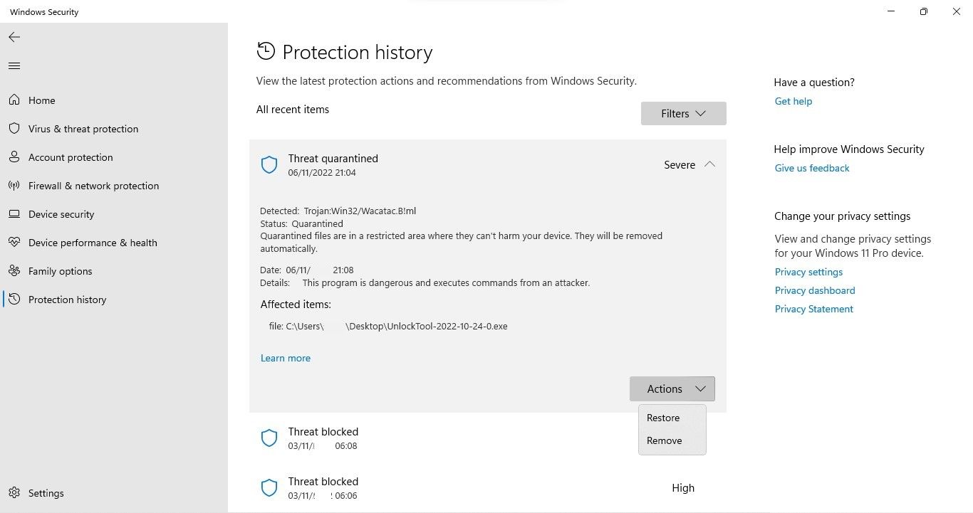Threat Details in the Protection History Section of Windows Security App