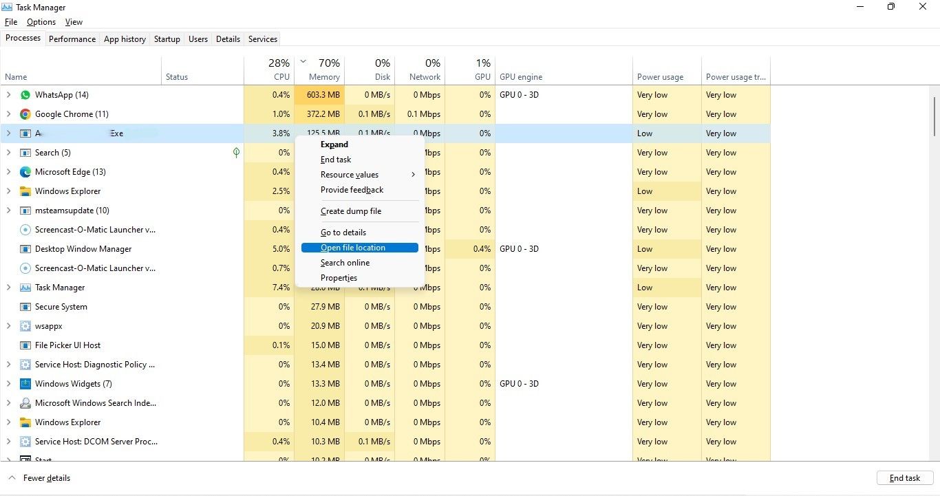 Al hacer clic en la opción Abrir ubicación de archivo haciendo clic con el botón derecho en el proceso troyano en la aplicación Administrador de tareas de Windows