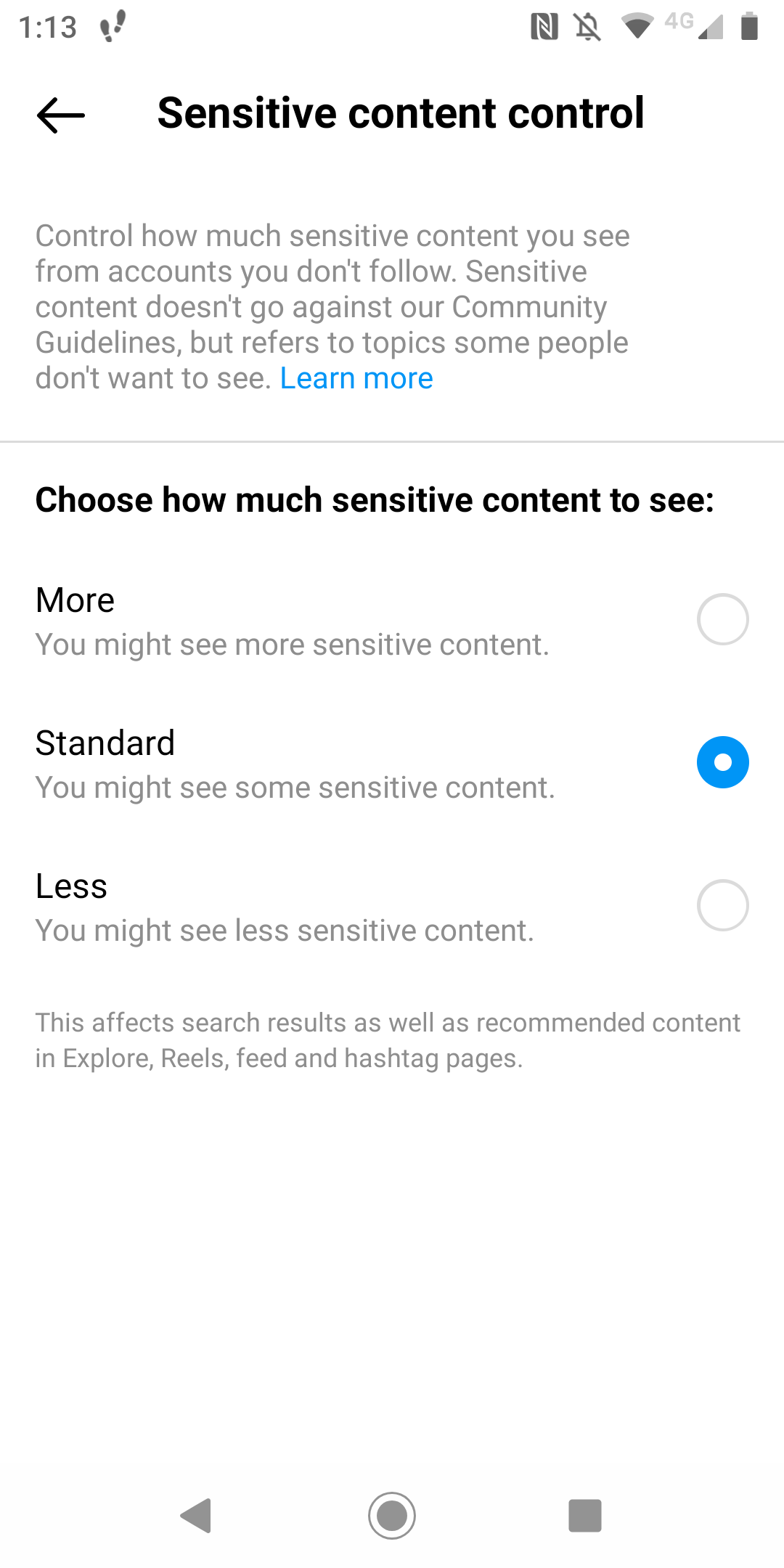 Instagram setting home screen sensitive content control