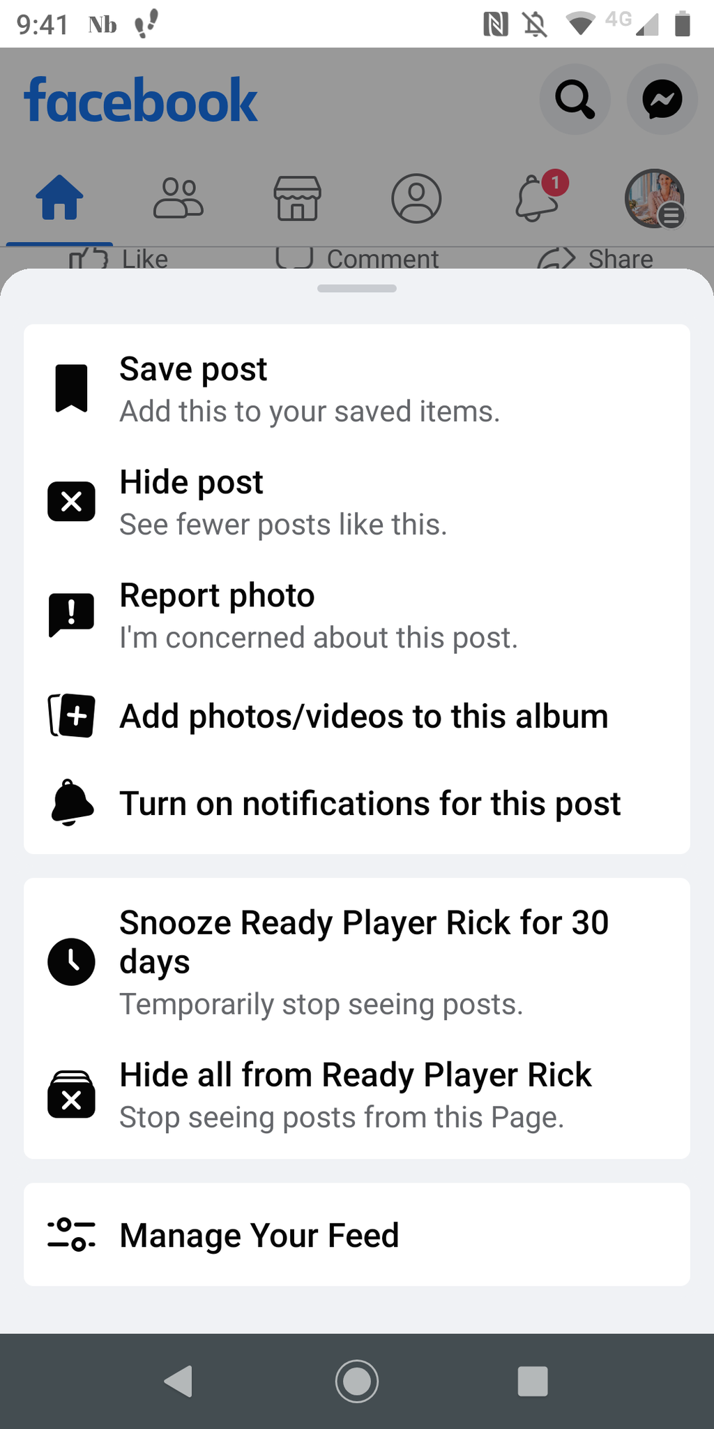 Facebook settings home screen