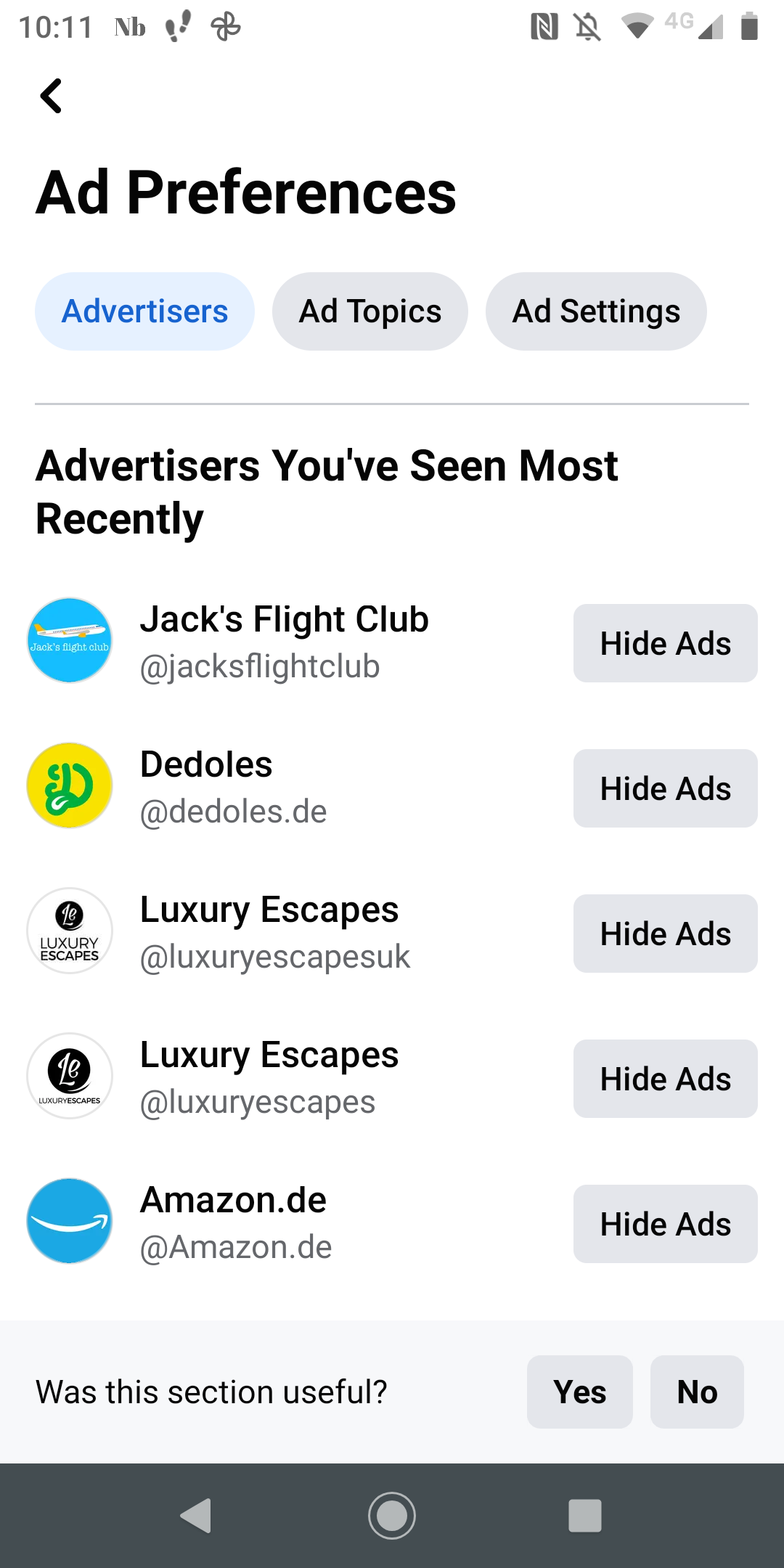 Facebook ad settings home screen