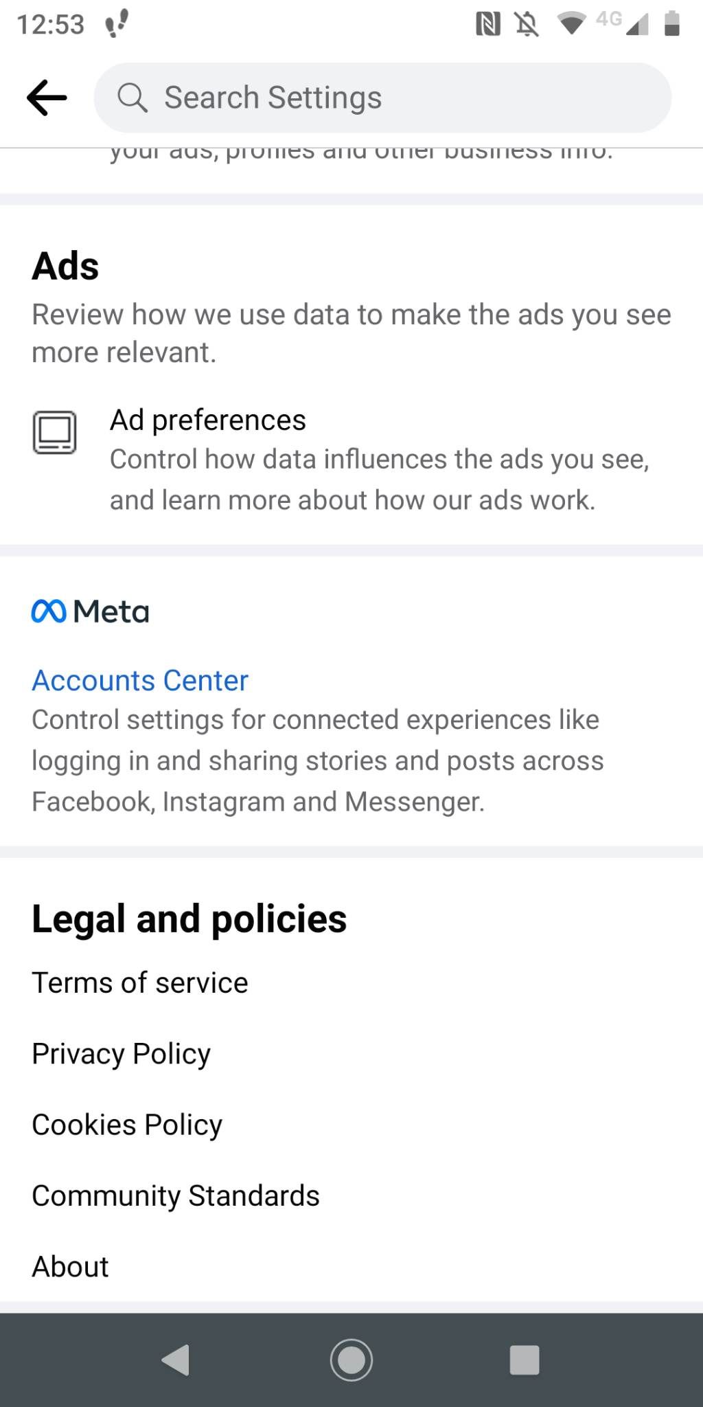 Ad settings on Facebook home screen