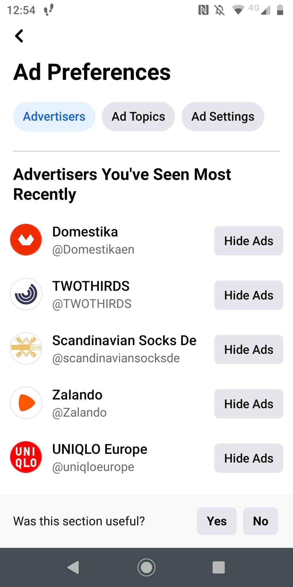 Ad preferences on Facebook home screen