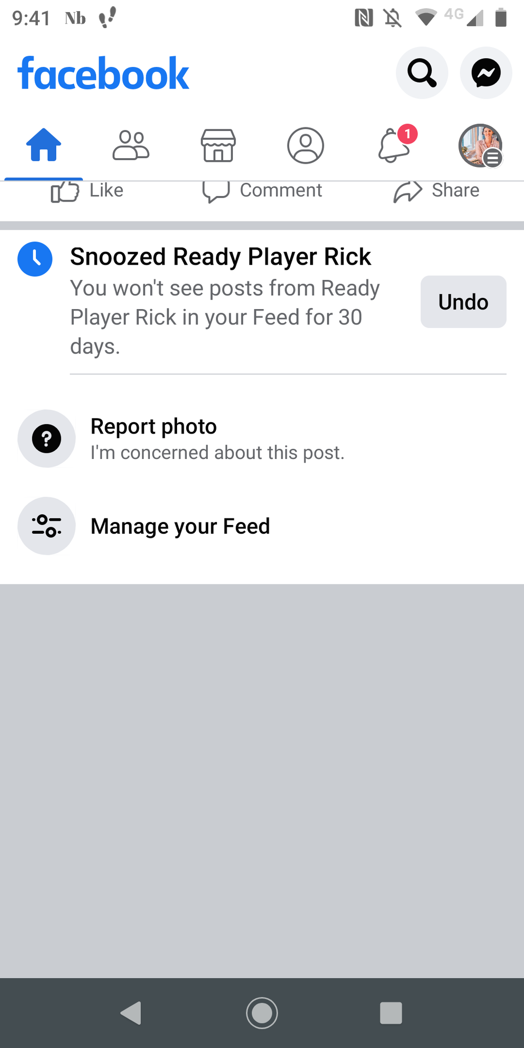 Facebook settings home screen