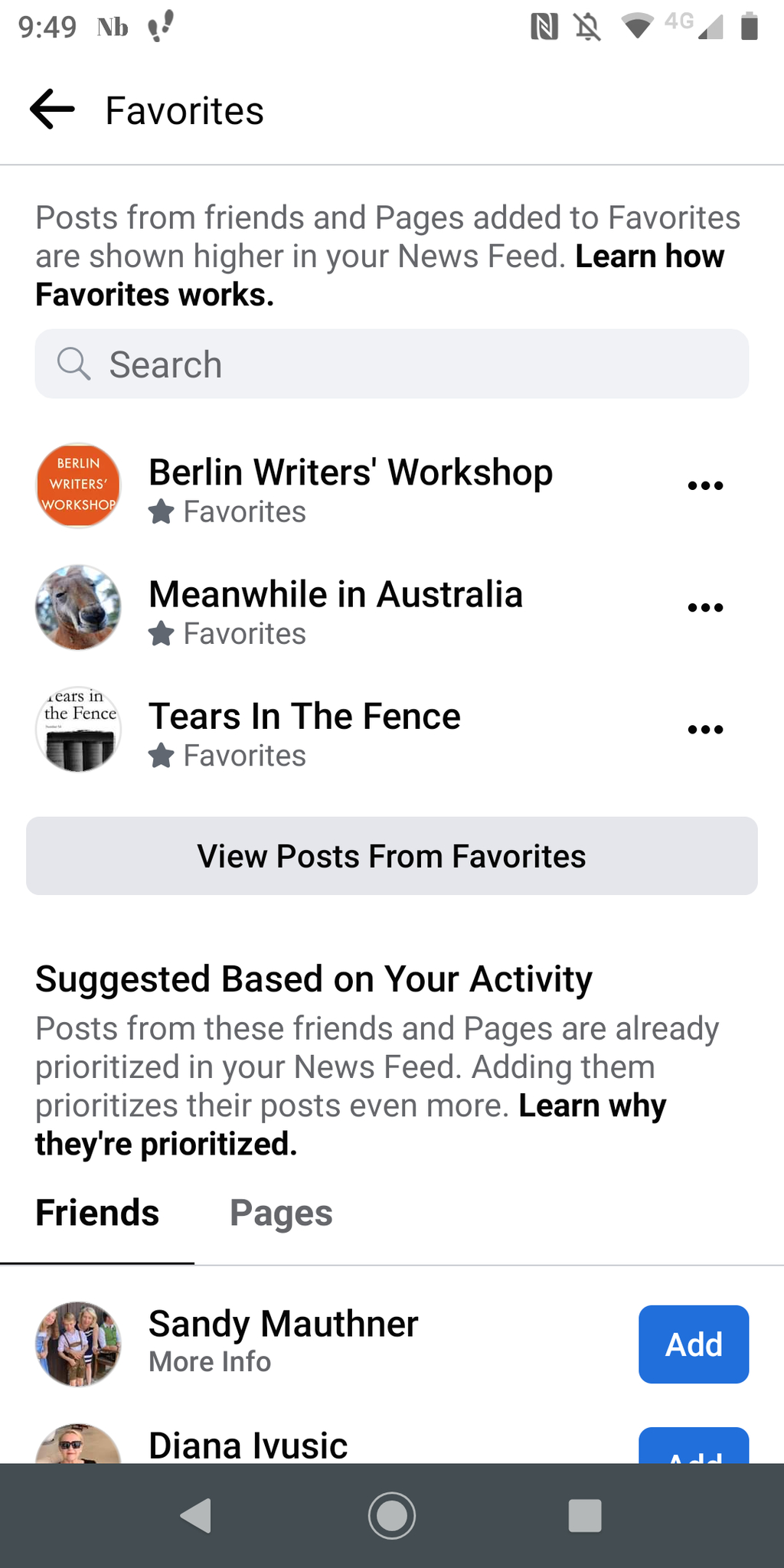 Layar beranda pengaturan favorit Facebook