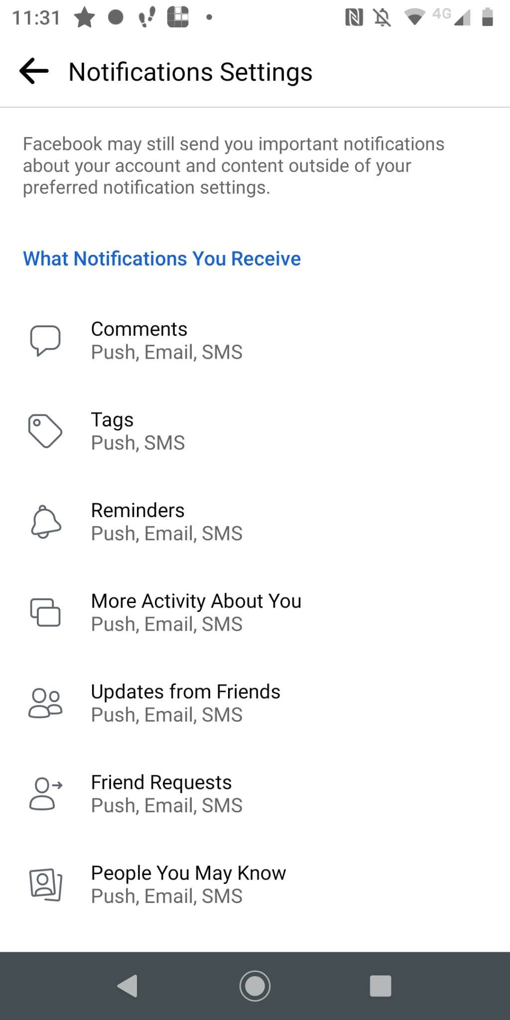 Facebook notification settings screenshot