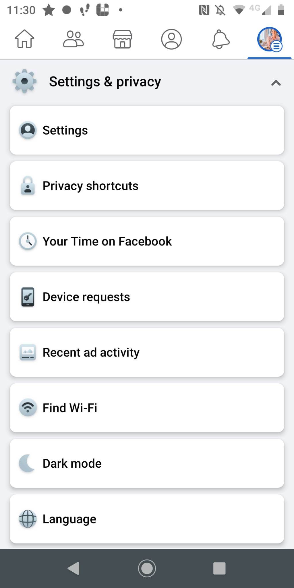 Captura de tela das configurações do Facebook