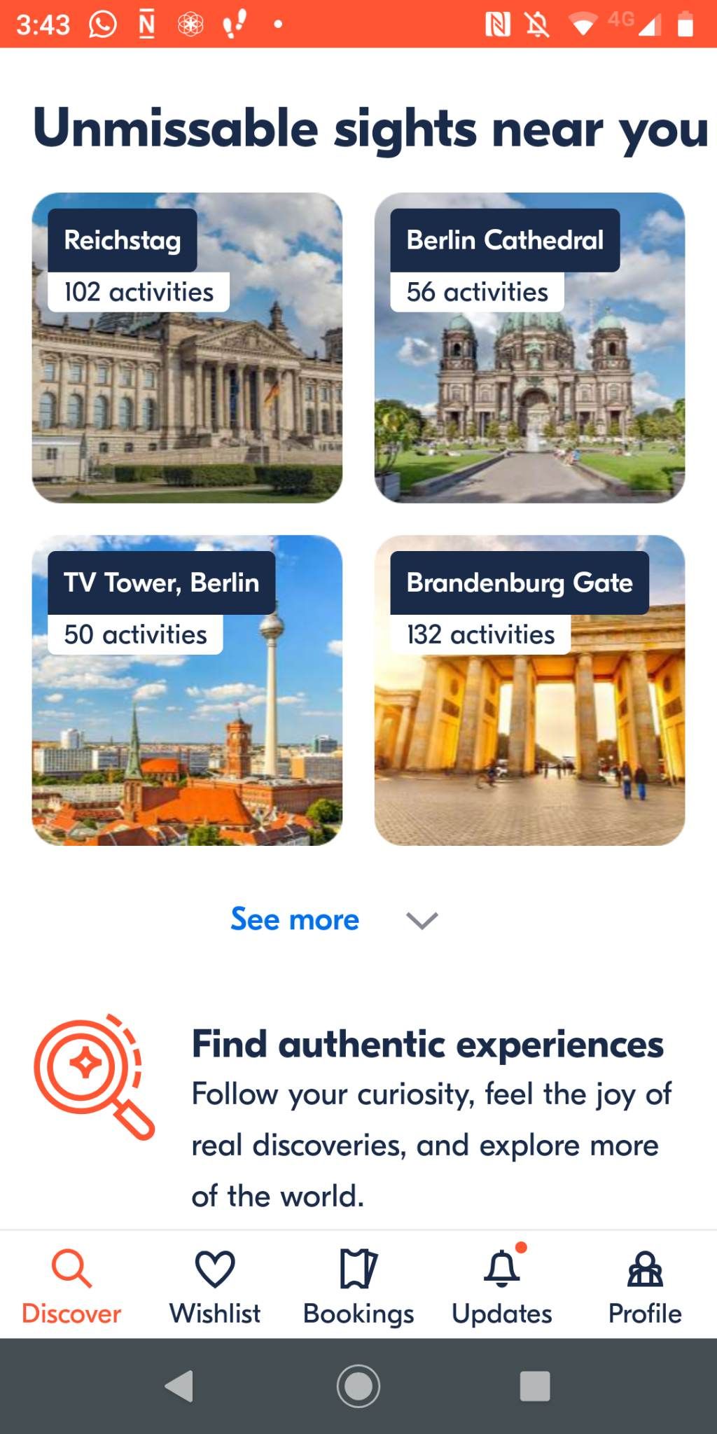GetYourGuide app recommended locations screen