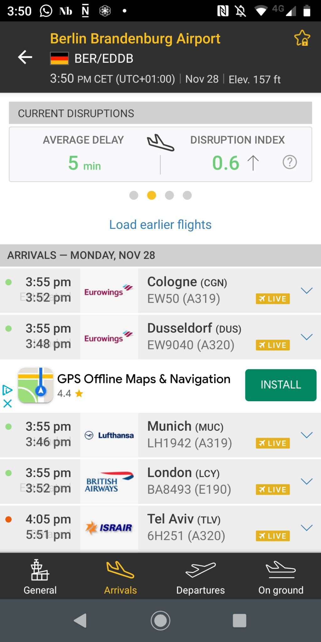 Flightrader24 app showing arrivals and departures screen