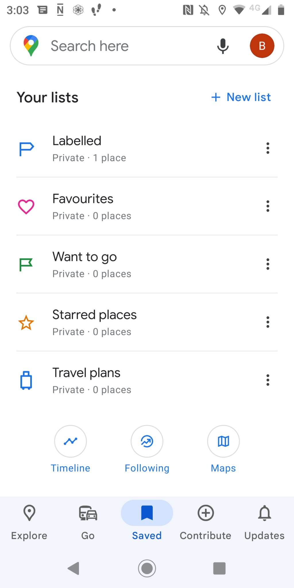 Google maps list options