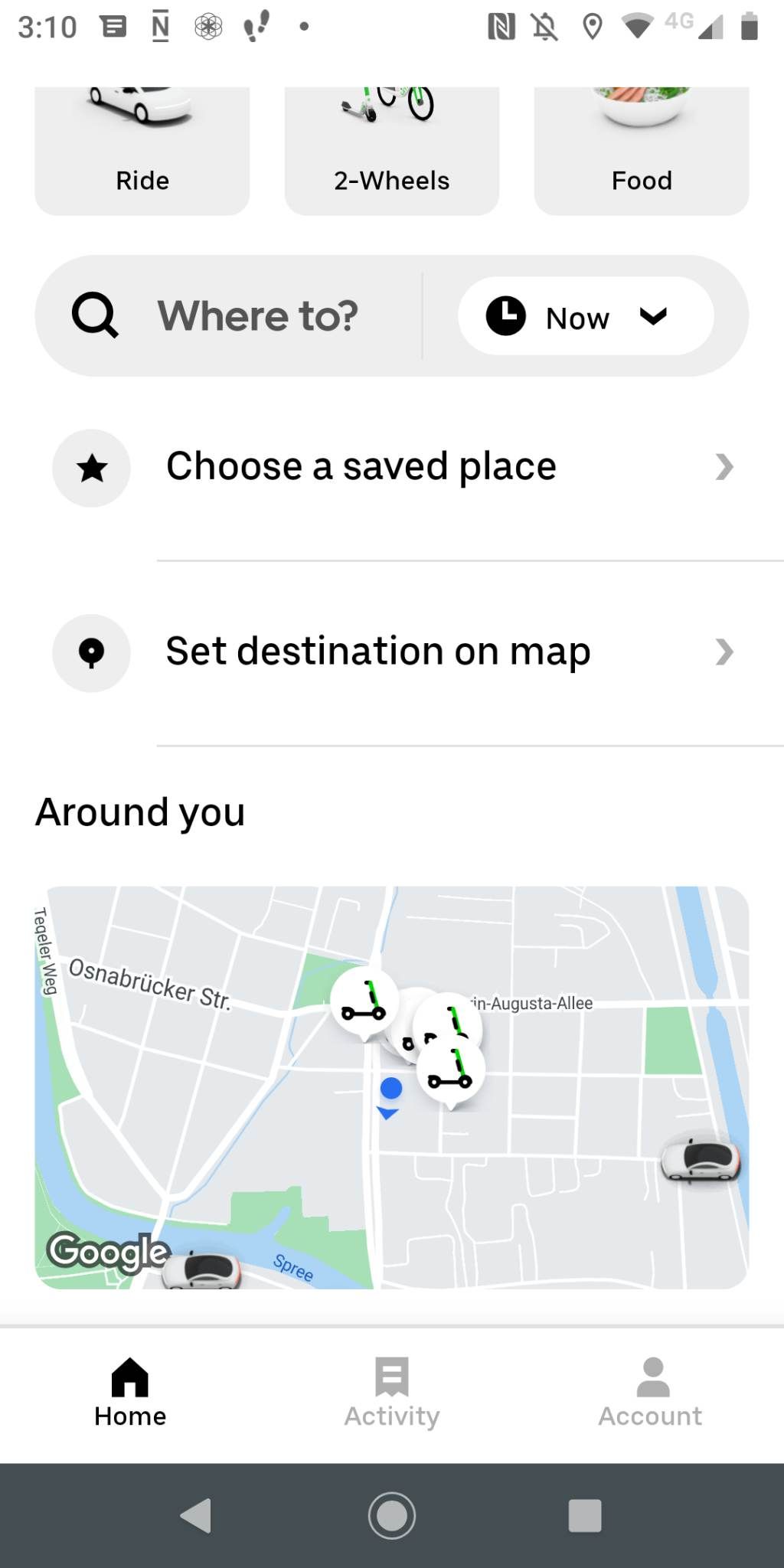 Uber app selection screen