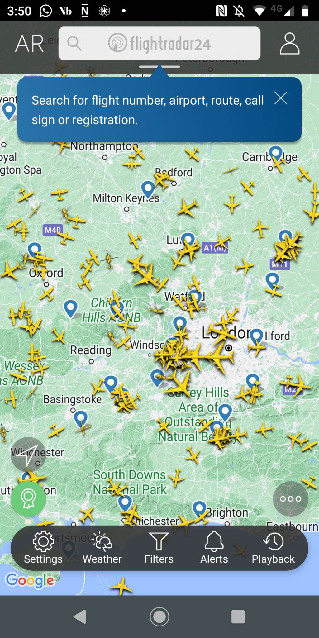 Flightrader24 app showing maps and planes 