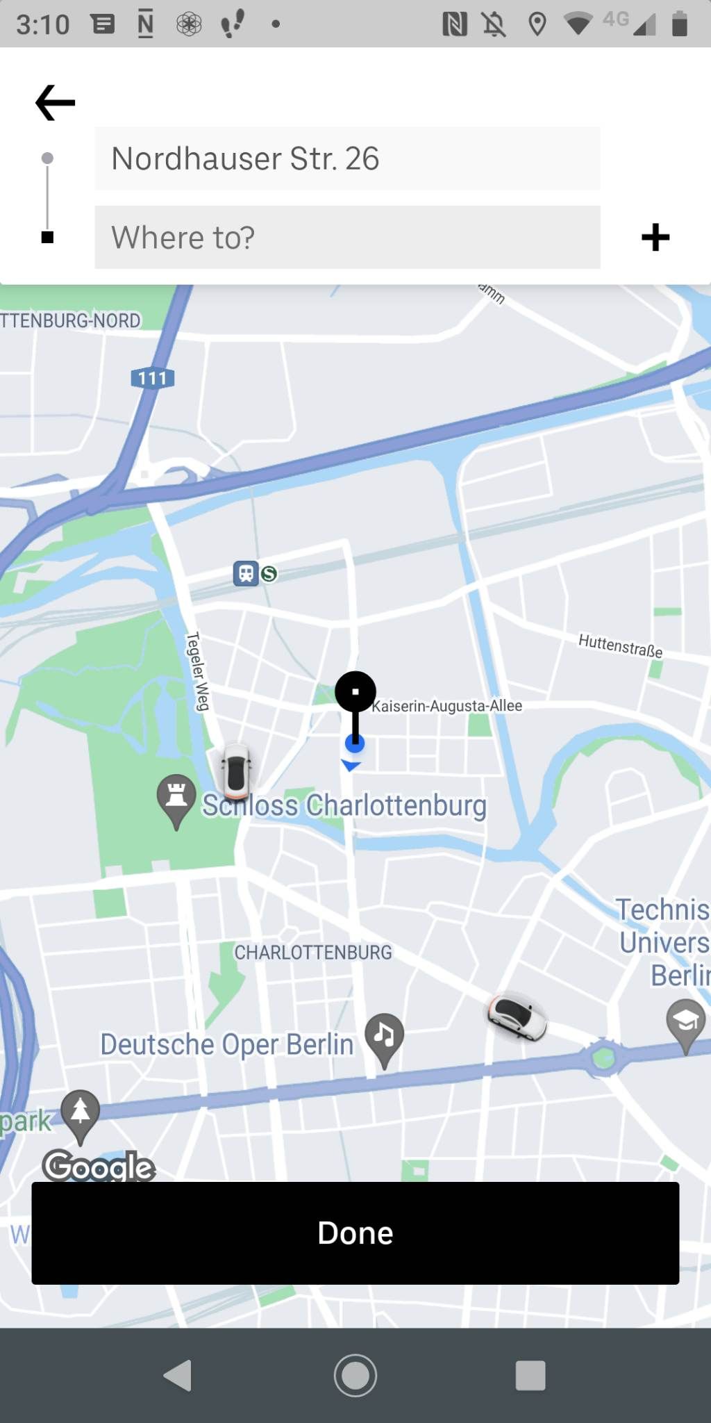 Uber app with map on screen