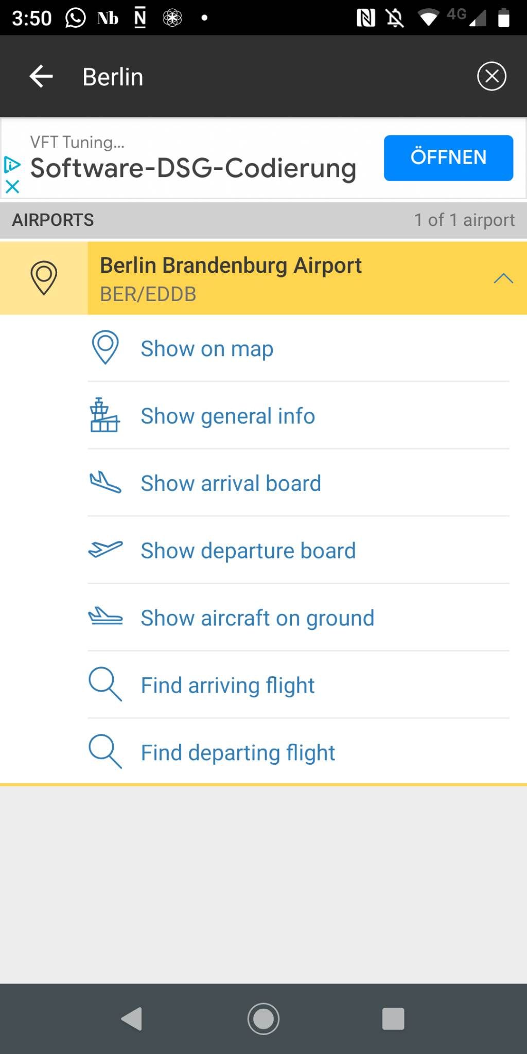 Flightrader24 screen airport selection screen