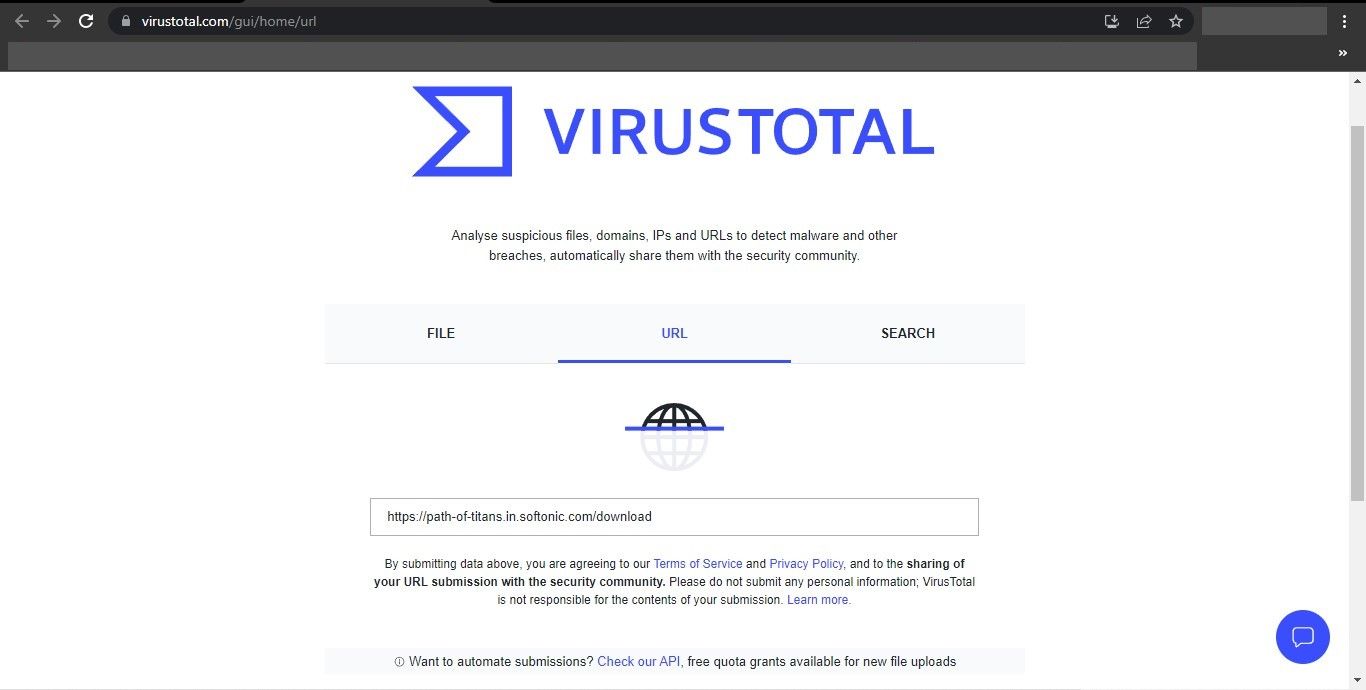 Entering the URL of the File to be Downloaded in the URL Scanner on the Virus Total Website
