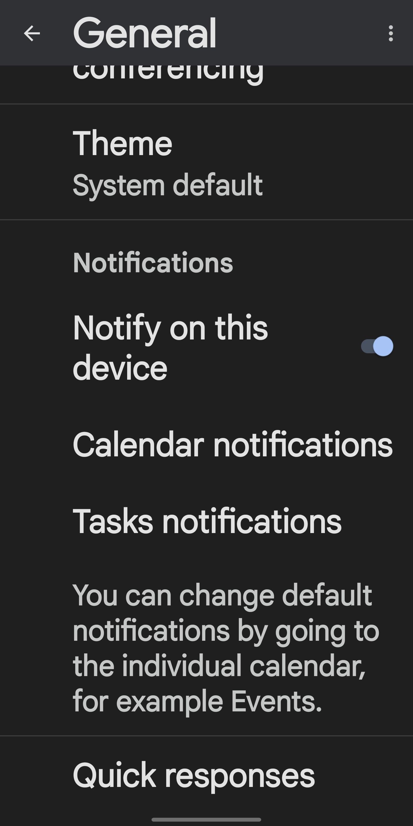 Opening the Theme Settings in the General Settings of Google Calendar App for Android