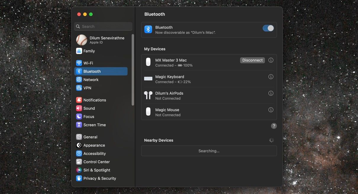 Bluetooth devices screen in macOS.