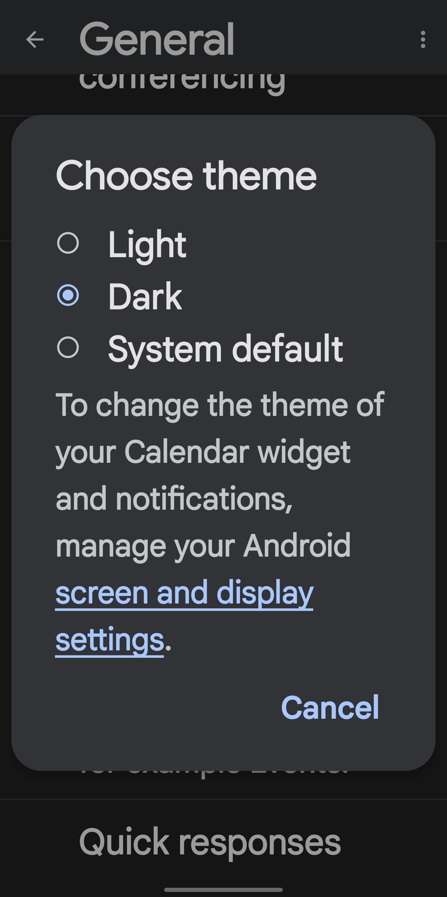 Selecting the Dark Theme in the General Settings of Google Calendar App for Android