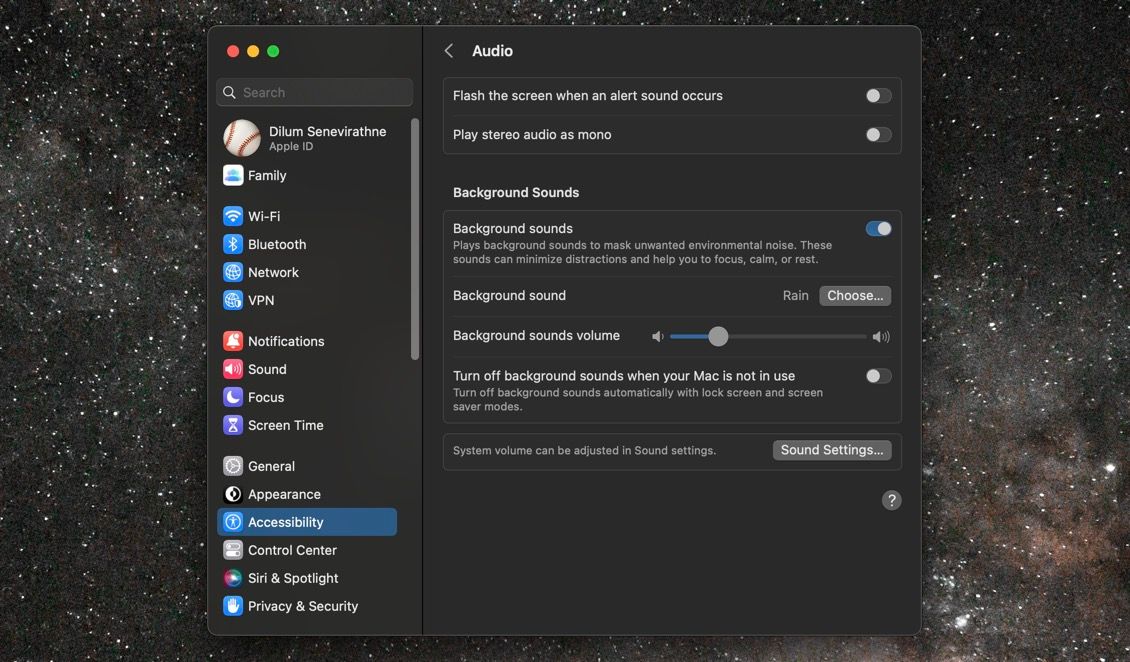 Activating background sounds in macOS Ventura.