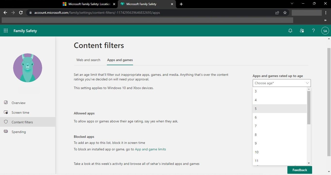 انتخاب پنج از منوی کشویی برنامه‌ها و بازی‌های دارای رتبه‌بندی تا سن گزینه در صفحه اصلی Microsoft Family Safety