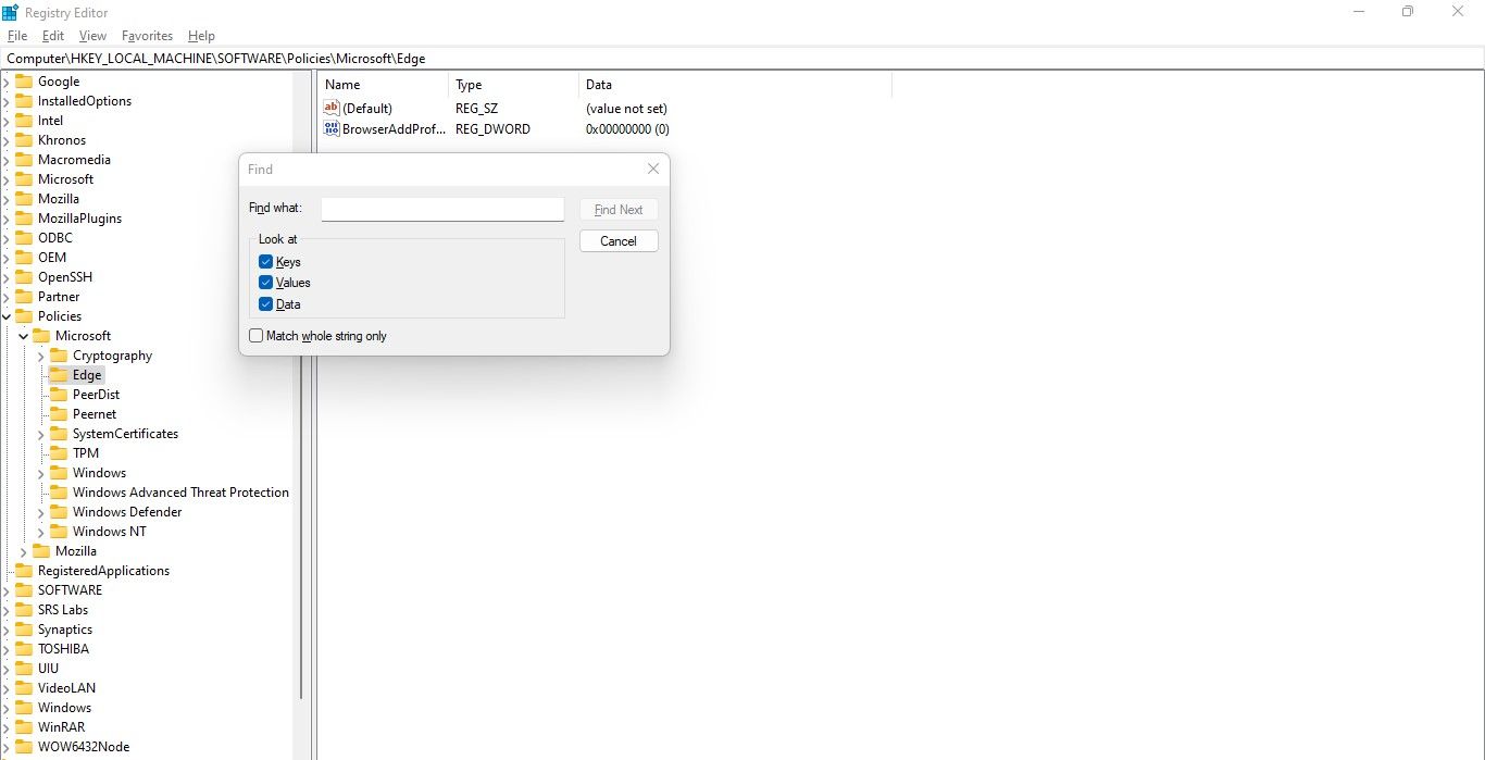 Abrir la barra de búsqueda del Editor del registro presionando una combinación de teclas en la aplicación del Editor del registro en Windows