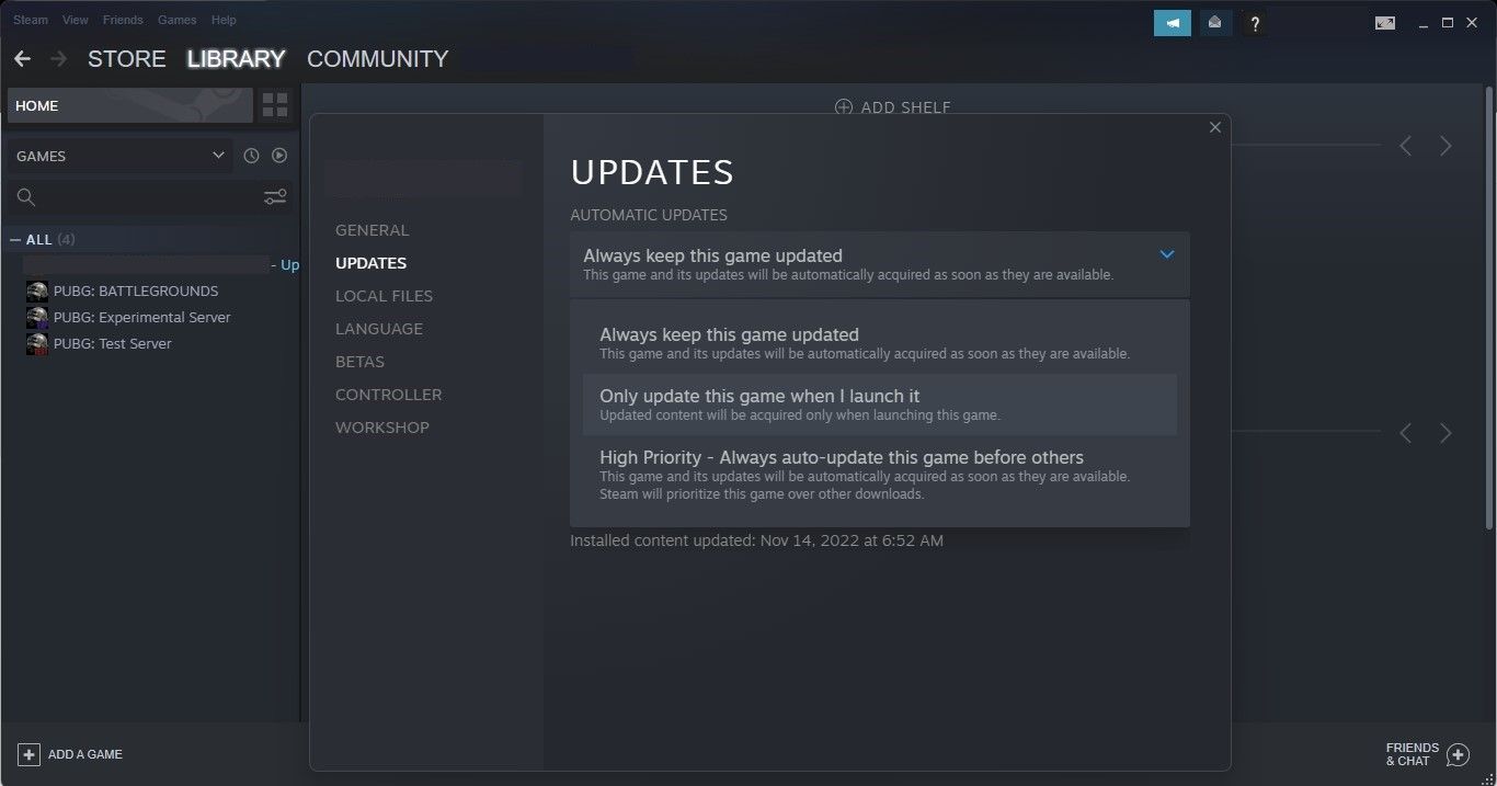 Selecting the Only Update This Game When I Launch It Option From the Automatic Updates Dropdown in the Updates Settings of a Game in Steam