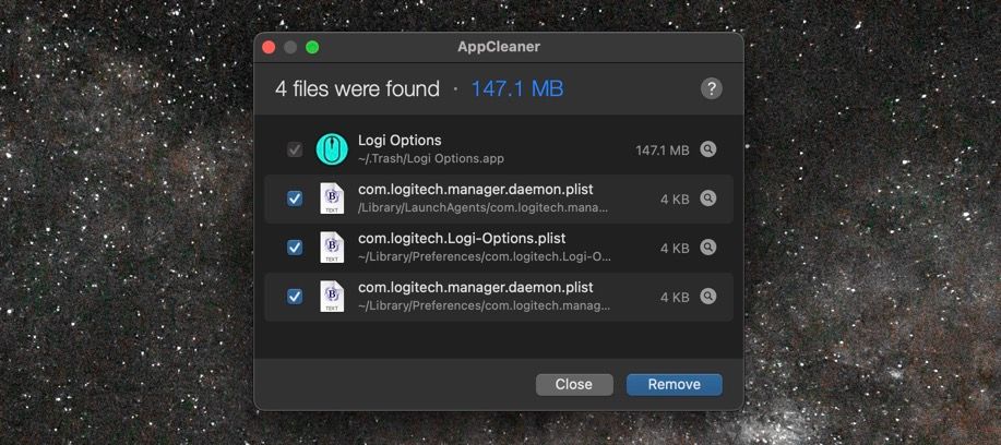 Removing Logi Options via AppCleaner.