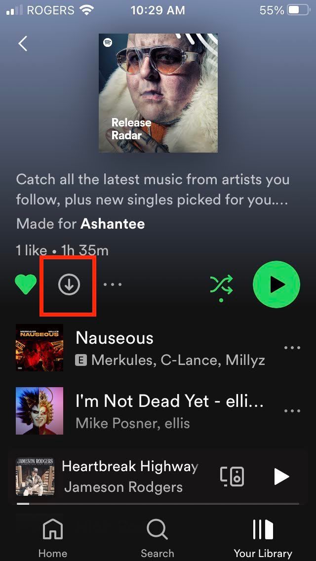 Screenshot of Spotify app with download turned off