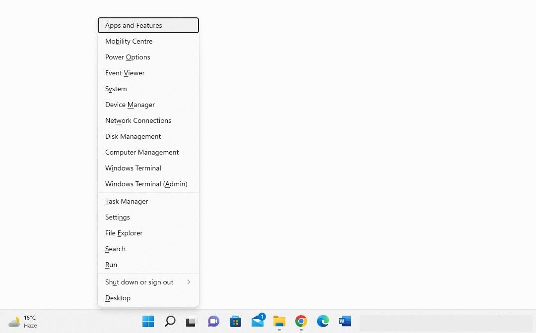 Clicking on the Apps and Features by Right-clicking on the Windows Start Button