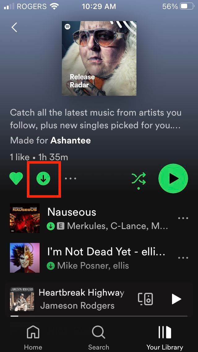 Screenshot of Spotify app with download turned on